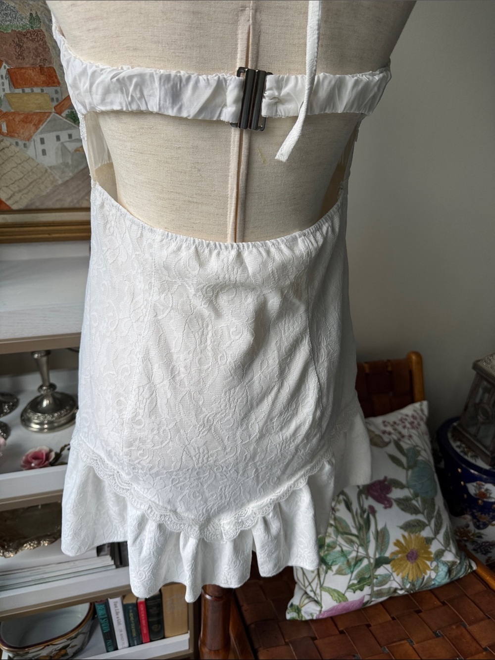 Delicate White Lace Halter Chemise with Tie Front - Picture 6 of 7